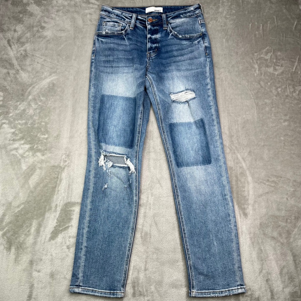 Vervet Jeans Womens 25 Blue Patchwork Distressed‎ Button Fly Boyfriend Fit Denim